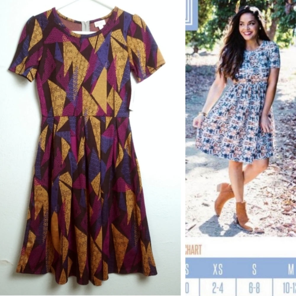 Lularoe Amelia Box Pleats Dress Size S Black Multi Office Night Out Side Pocket
